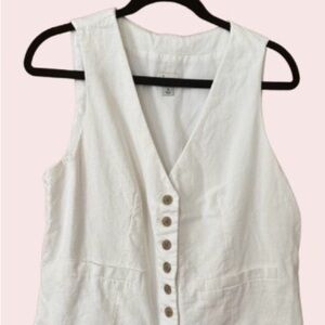 Sleeveless White Button-Front Linen Blend Top